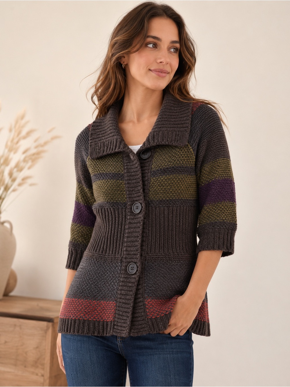 RXB Y2K Wool Blend Striped Button Cardigan Sweater Brown Boho M